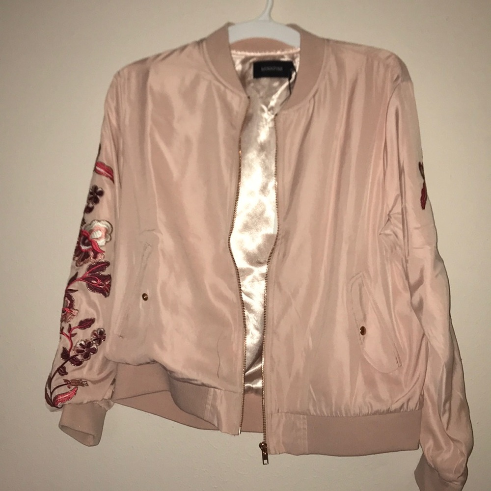 Pastel Pink Bomber Jacket with Flower embroidery